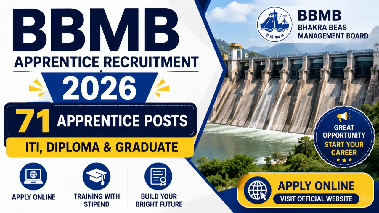BBMB Apprentice Recruitment 2026: 71 ITI, Diploma & Graduate Apprentice Posts, Apply Online banner - Apprentice Jobs 2026: Latest Government Apprentice Vacancy, ITI & Graduate Apprentices