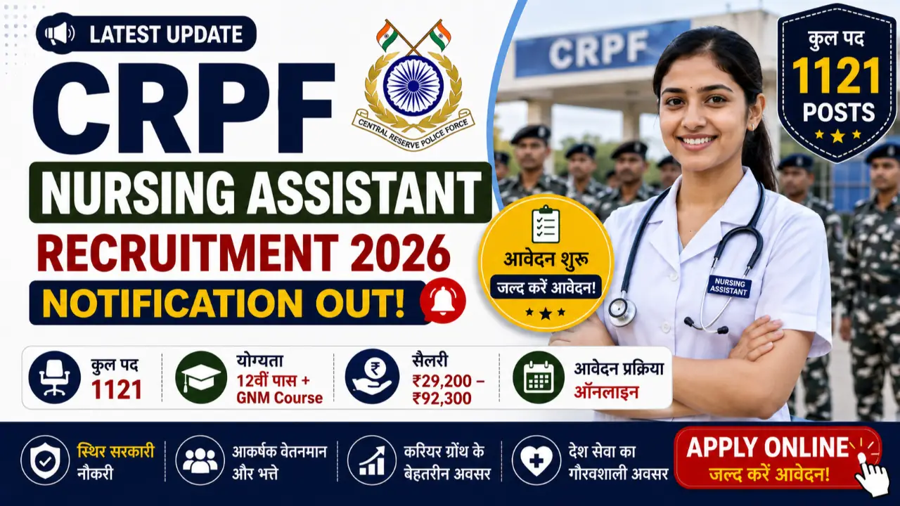CRPF Nursing Assistant Recruitment 2026 Notification, 1121 Posts, Eligibility, Salary & Apply Online banner