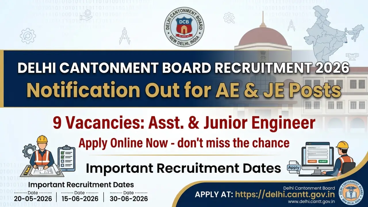 Delhi Cantonment Board Recruitment 2026 Notification Out for 9 AE & JE Posts, Apply Online banner - Engineering Jobs 2026 Apply Online
