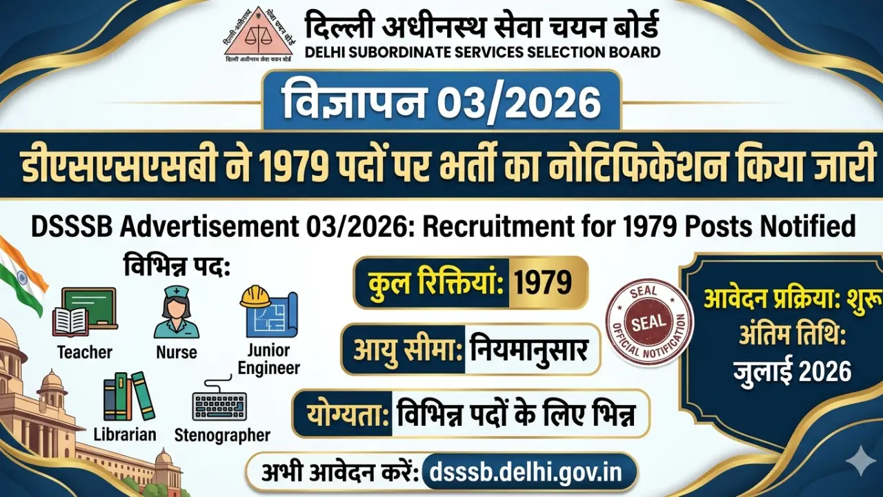 DSSSB Recruitment Advt 03/2026: डीएसएसएसबी ने 1979 पदों पर भर्ती का नोटिफिकेशन किया जारी banner - Delhi Jobs