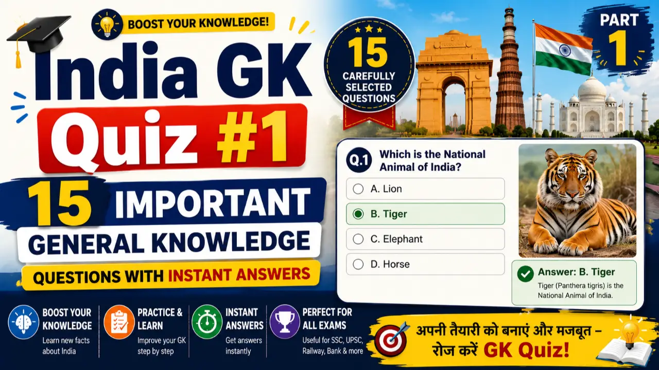 India GK Quiz #1: 15 Important General Knowledge Questions with Instant Answers banner - GK Questions 2026 with Answers – Free Quiz