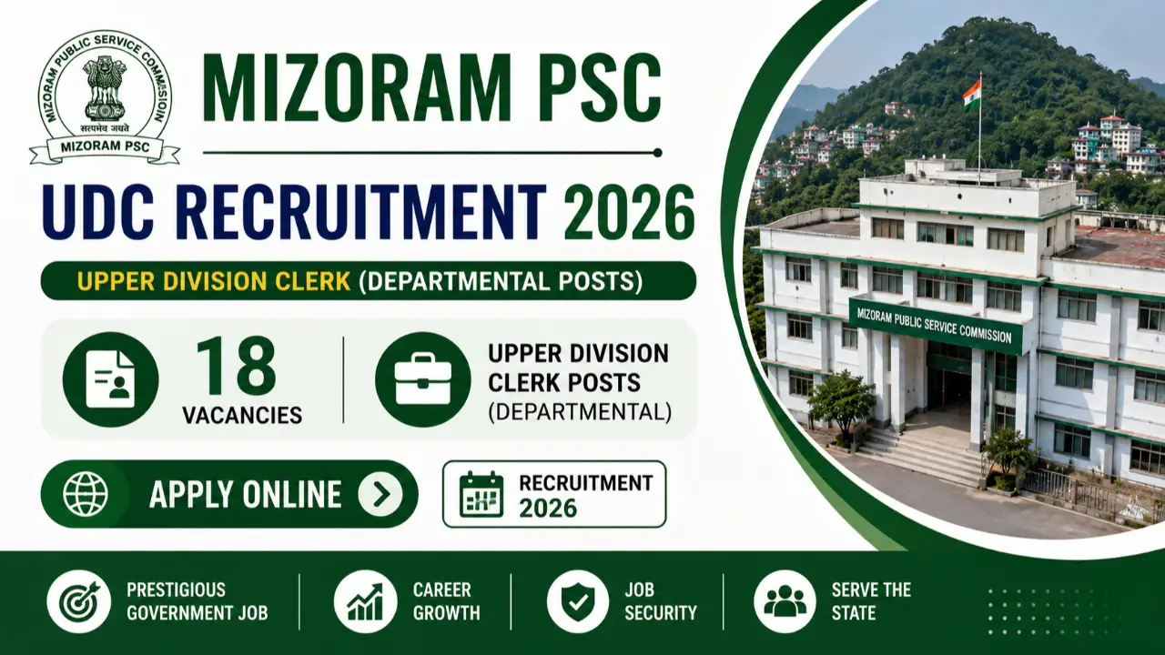 Mizoram PSC UDC Recruitment 2026: Apply for 18 Upper Division Clerk Departmental Posts banner - Clerk Jobs 2026: Latest Government Clerk Vacancy, LDC, UDC & Office Assistant Jobs