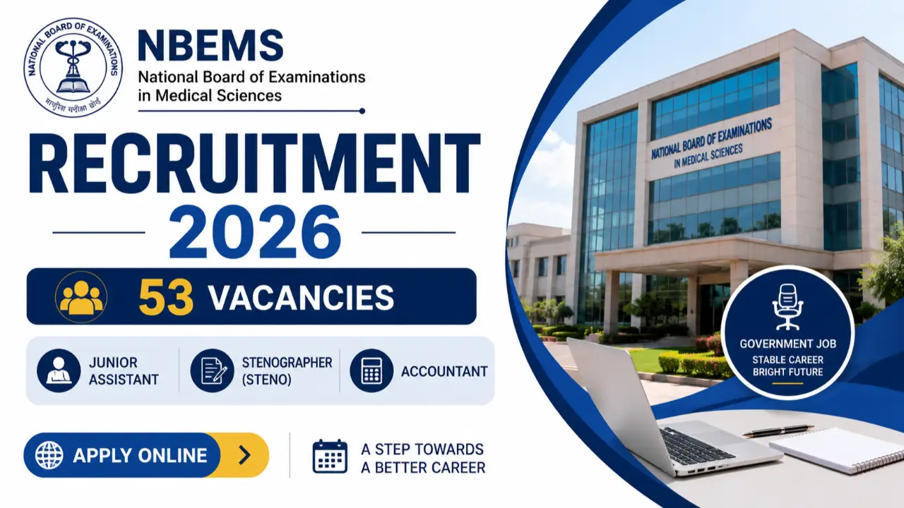 NBEMS Recruitment 2026: Apply Online for 53 Junior Assistant, Steno & Accountant Posts banner - 12th Pass Govt Jobs 2026: Latest Government Jobs After 12th, Apply Online