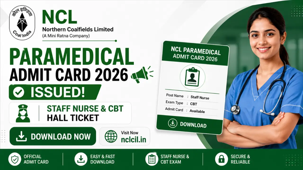 NCL Paramedical Admit Card 2026 Issued: Download Staff Nurse & CBT Hall Ticket Now at nclcil.in banner - Admit Card 2026: Latest Govt Exam Hall Ticket, Call Letter & Exam Date Updates