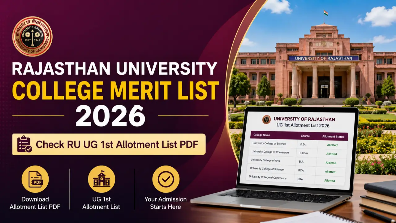 Rajasthan University College Merit List 2026: Check RU UG 1st Allotment List PDF banner - University Notifications 2026 - Admission, Exam Date, Result Updates