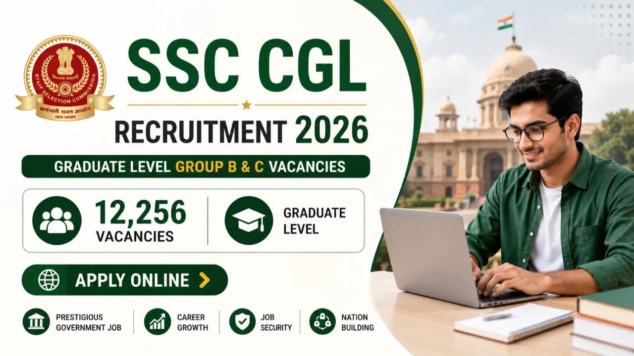 SSC CGL Recruitment 2026: Apply Online for 12,256 Graduate Level Group B & C Vacancies banner - SSC Recruitment 2026: Upcoming Exams, Vacancy List, Salary & Online Form